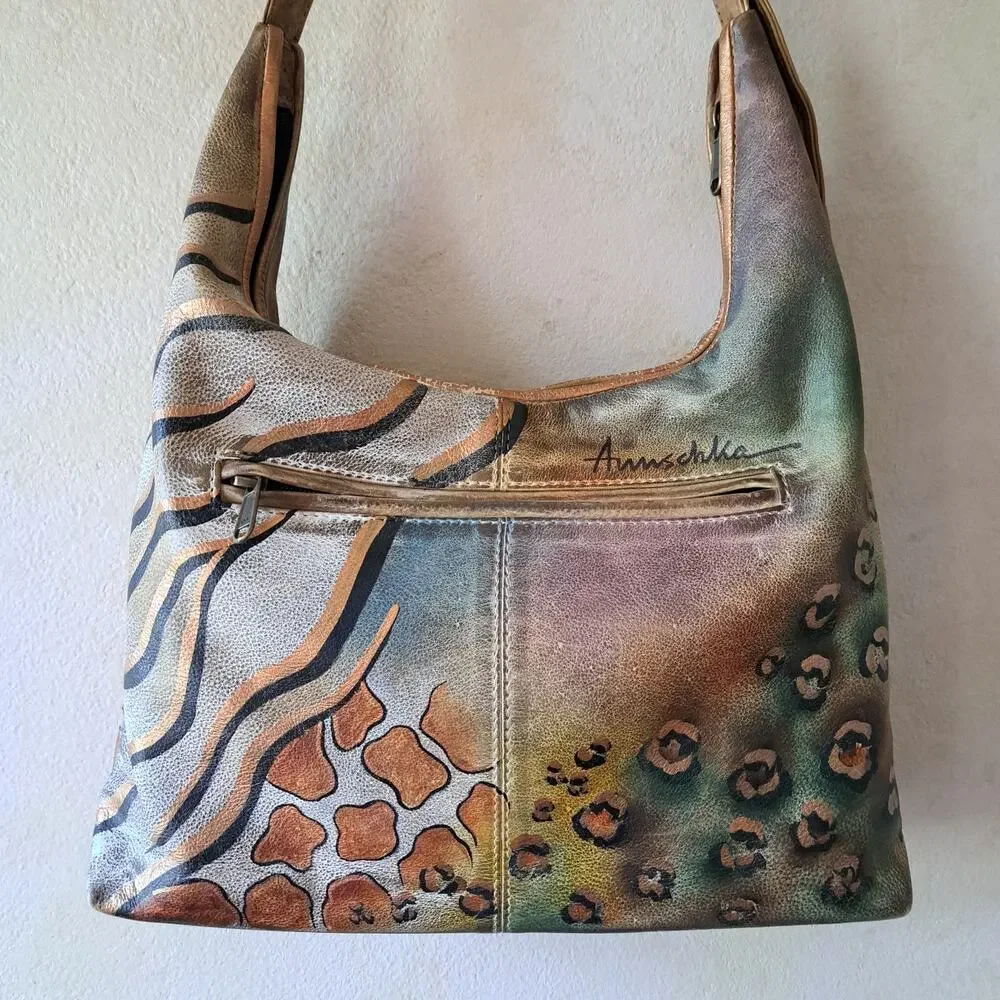 ANUSCHKA Hand Painted Leather Hobo Bag Safari Animal Print Shoulder Artisan